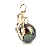 Unique 14K White Gold Octopus 15.50mm Tahitian Pearl Pendant With Sapphire Gems