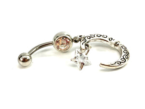 Stainless steel curve bar , double moon & star gem belly ring, SKU# NBR002